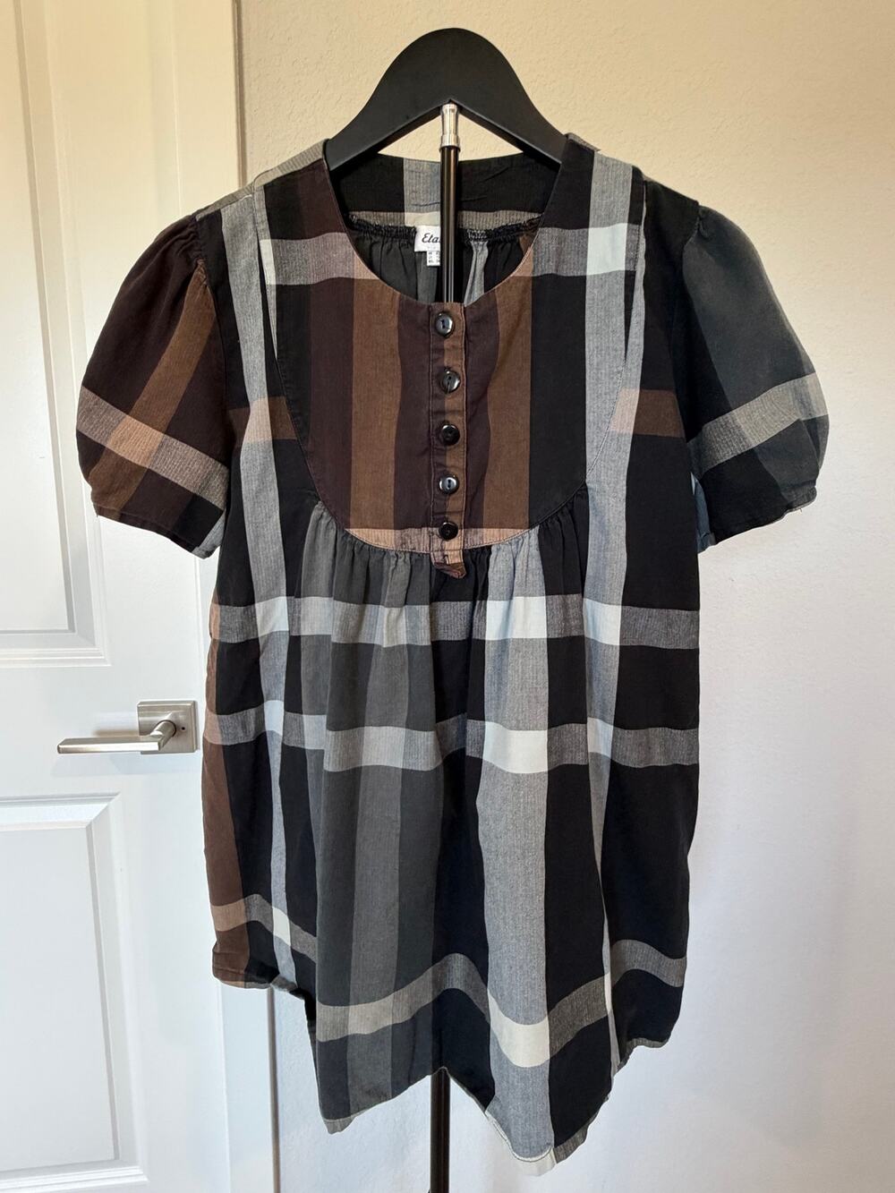 Etam Plaid Oversized Babydoll Tunic Top Women's US 8 Brown Black Cottagecore